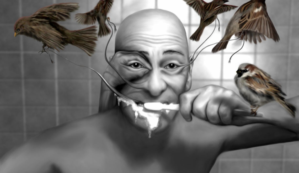 Mirror in the Bathroom - vmoldavky - Devianart Abbildung eines surrealen Gemäldes mit einem zähneputzenden Mann und Vögeln