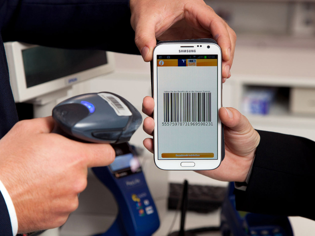 Abbildung von Smartphone mit Strichcode und Scanner